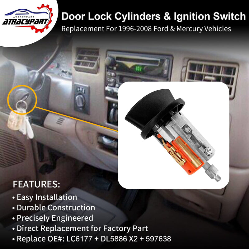 Door Lock Cylinders & Ignition Switch with Keys, Compatible with 97-08 Ford E150/250/350, 97-07 Ranger, 97-03 Explorer, 01-05 Explorer Sport Trac & More, Replace# LC6177, DL5886 X2, 597638 (No chip) LC6177 + DL5886 X2 + 597638