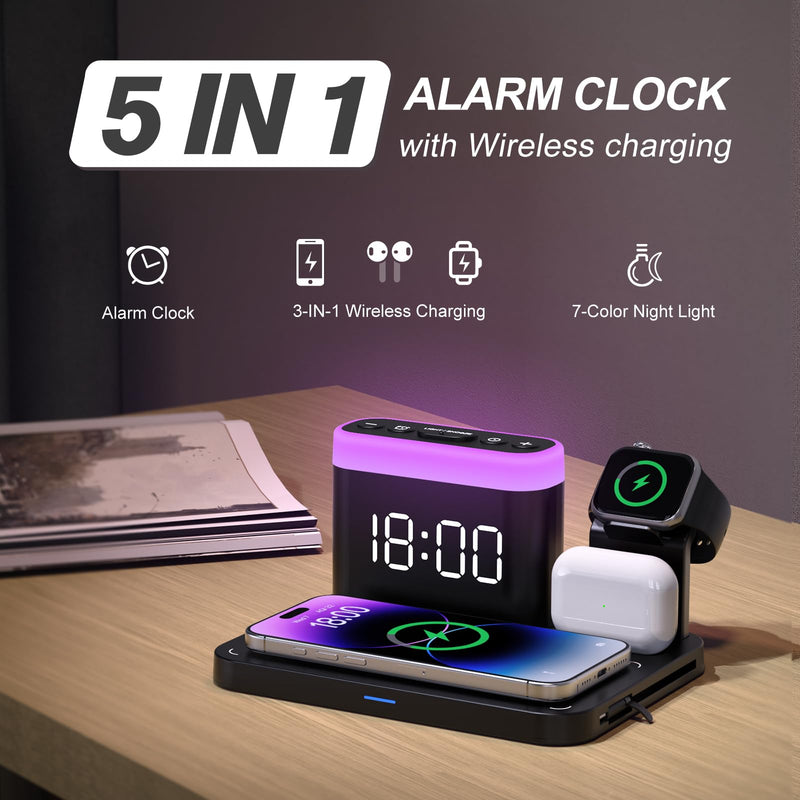 ANJANK Wireless Charging Station,5 in 1 Multiple Charger Stand with Alarm Clock,7 Night Light,Mag-Safe Charging Dock for iPhone 17 16 15 14 13 12 Pro Max Plus,Apple Watch 11/10/9/8,for Airpods,Bedroom Black