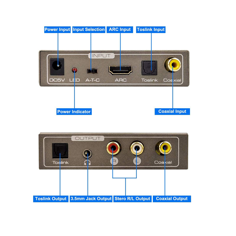 192KHz Multi Function Audio Converter, Tohilkel HDMI ARC or Toslink (Optical,SPDIF) or Coaxial to 3.5 mm Jack Stereo R/L Toslink (Optical,SPDIF) Coaxial, Support Multi Ports Output Simultaneously