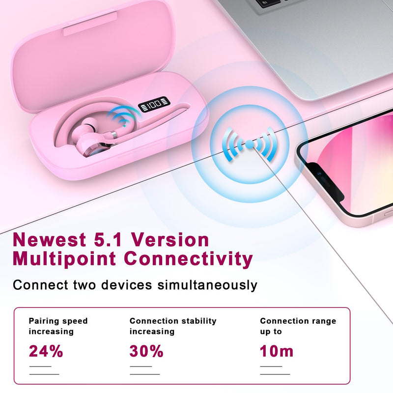 HEIBAS Bluetooth Headset, Wireless Earpiece with Mic for Work | 72H Playtime, 500mAh Charging Case, Hands-Free Calling with Mute Button for Work, Trucker, Office, Driving, iPhone, Pink