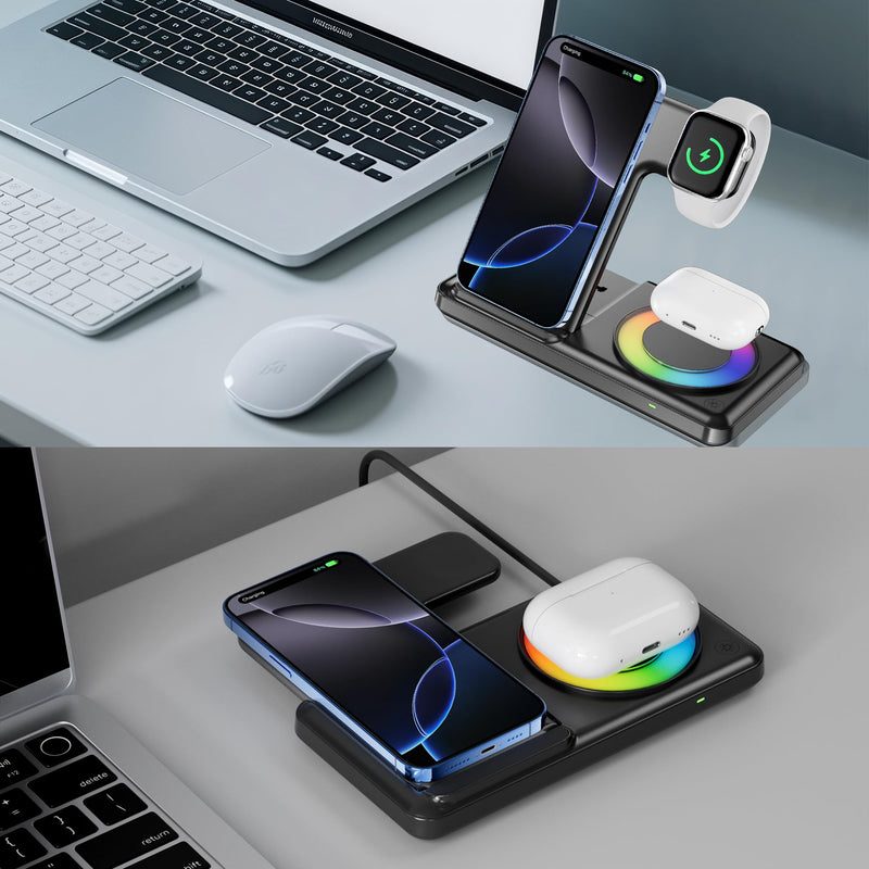 Wireless Charging Station with RGB Light for iPhone 17 16 15 14 Pro Max 13 12, Travel 3 in 1 Wireless Charger Stand for Apple Multiple Devices, iWatch 11 10 9 8 7 6 5 4 3 2, Airpods 4 3 Pro White