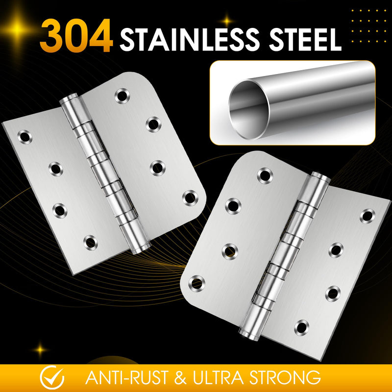304 Stainless Steel Door Hinges 4 inch X 4 inch Heavy Duty Ball Bearing Non Removable Pin Door Hinges with Square and 5/8'' Radius 3 Pack