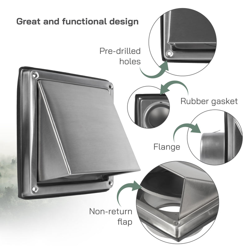  [AUSTRALIA] - Vent Systems 4 Inch Stainless Steel Dryer Vent Cover - Wall Vent Mounted Vent Hood with Backdraft Damper - Exhaust Air Ventilation Guard - HVAC Ducting Grille - Bathroom, Kitchen, Attic, Garage Rain Hood