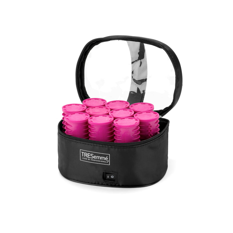 TRESemmé 32mm Heated Hair Rollers – Set of 10 Large Hot Rollers for Volume & Curls, Dual Voltage Travel Set with Carry Case, Fast Heat Up to 125°C, Pink/Black, 3039U