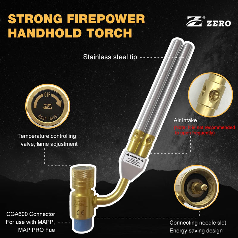 Zero ZR-1D1 Double Flame Map Gas Torch Kit, 360° Swivel Turbo Torch Head with Adjustable Flame, for Propane MAPP Gas, Professional Welding Brazing Plumbing HVAC Repair Yellow