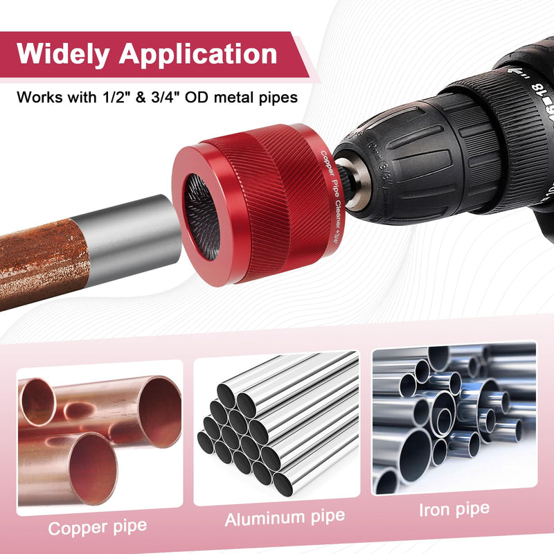 Copper Pipe Cleaner for Drill, Plumbing Tools Set 1/2" & 3/4" with 1/4" Hex Shank & 6 Brush Blades & 2 Pipe Brush, for Removing Rust, Stains & Paint from Copper & Metal Pipes, Red, Metal Cleaning Kit 1/2" & 3/4"