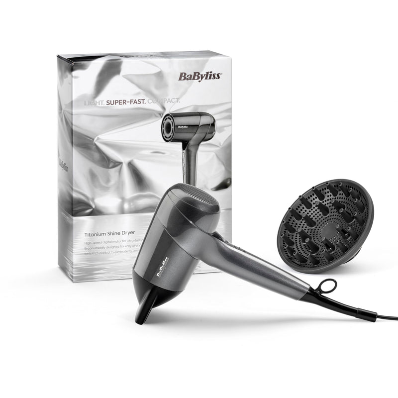 BaByliss Titanium Shine Hair Dryer - Powerful and Compact, 1600W High Speed Digital Motor, Large Diffuser, 3 Heat & 3 Speed Settings, Metallic Grey, D6200DU NEW