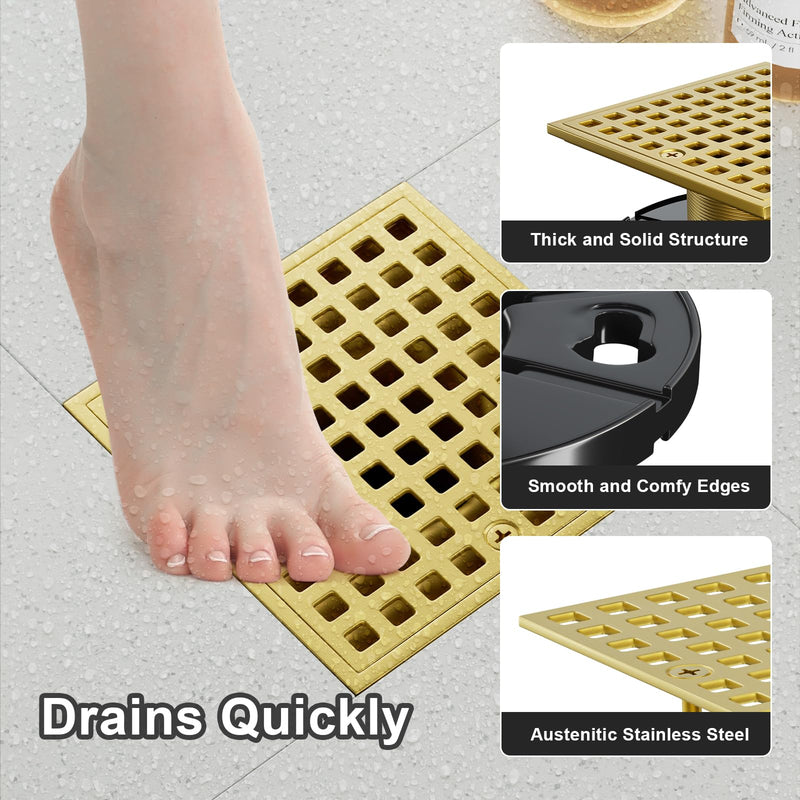 Shower Drain Hair Catcher- 4-1/4 Inch Square Shower Floor Drain Kit with ABS Flange for 2" or 3" Pipe, Drain with Hair Strainer,Removable Strainer Cover,SUS304 Stainless Steel, Brushed Gold