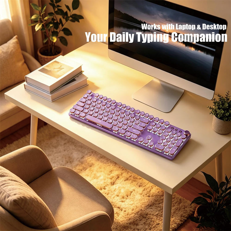 Purple Retro Typewriter Keyboard, 104 Keys Wired USB with Round Keycaps, LED Backlit, for PC Laptop Mac Windows Purple