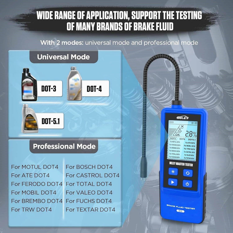 BELEY Brake Fluid Tester Digital Automotive Moisture Boiling Point Detector for DOT3,DOT4,DOT5.1 Brake Fluid with 2.8" Display, Audible Alarm, High-Precision Probe B10 BLUE