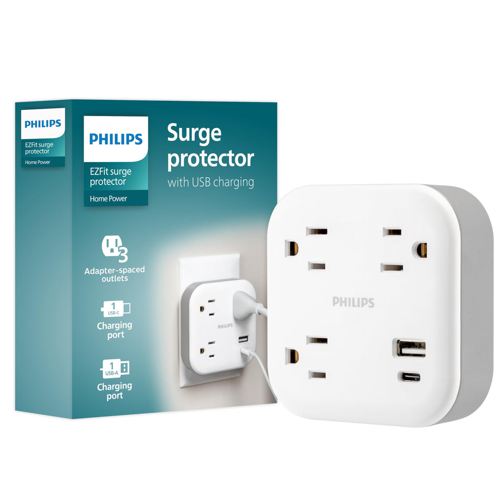 Philips 3-Outlet Surge Outlet Extender with USB, 1 USB-A, 1 USB-C, 12W, 980J, White - SPP9393W/37 3 Outlet | USB