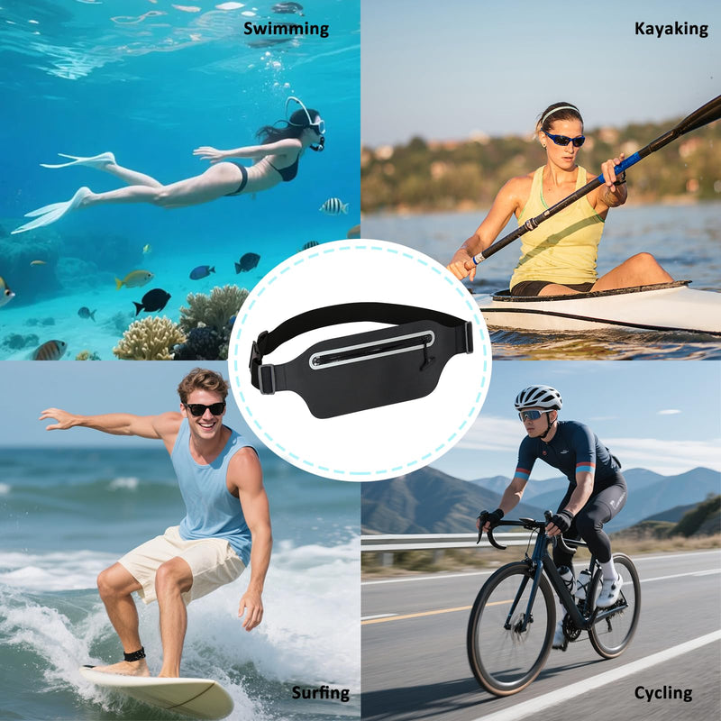 Large Waterproof Fanny Pack for Swimming Small Dry Bag Kayaking Boating Floating Snorkeling Beach Travel, Water Proof Pouch Running Belt for Phone iPhone Women Men Kids Girls Black Waist Bag 01-100% Waterproof
