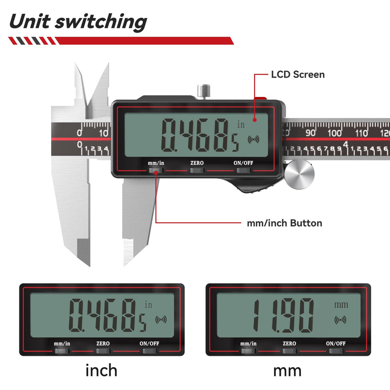 GemRed Wireless Digital Caliper 0-6 Inch/150mm with Data Transfer to Excel/Phone/PC, Stainless Steel Caliper Measuring Tool with Auto-Off, Large LCD Inch/MM for DIY/Household/3D-printing 6 Inch