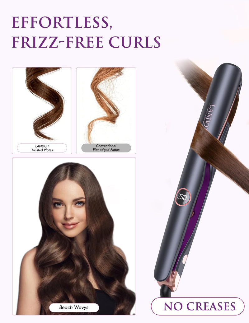  [AUSTRALIA] - LANDOT Hair Straightener and Curler 2-in-1, Twist Flat Iron, Dual Voltage | Curved Floating Ceramic Plates for Straighten Curl Wave, Sleek Frizz-Free Styling, Fast Heat-Up 120-230°C, Heat Resistant Mat Black