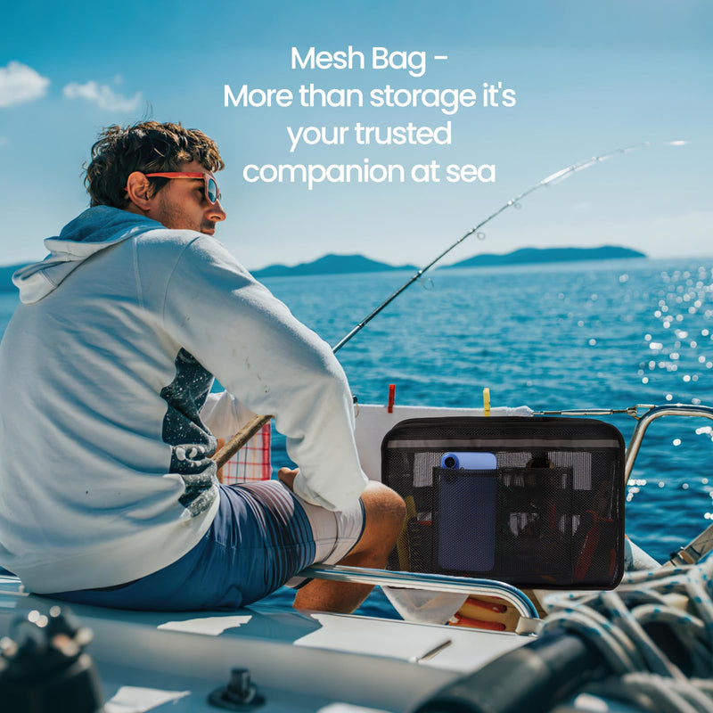 Boat Zippered Mesh Storage Bag with Reflective Strip, 3D Gusset, Self-Adhesive Boat Caddy Organizer for Tools & Tackle, UV/Saltwater Resistant 13.7" x 10" x 2.7" 1