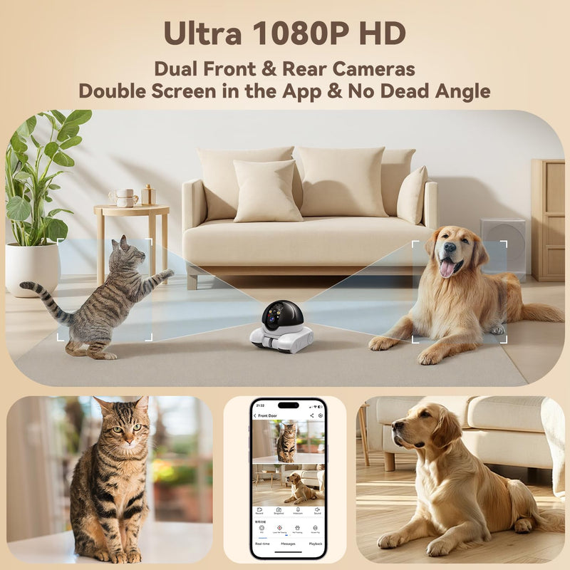 DreamBee Security Indoor Camera 1080P Dual Lens,Robot Camera on Wheels Movable with 2-Way Talk,Distance Bot with Night Vision,Blinky Bot App Control for Home Security/Cats/Dogs/Baby/Elderly