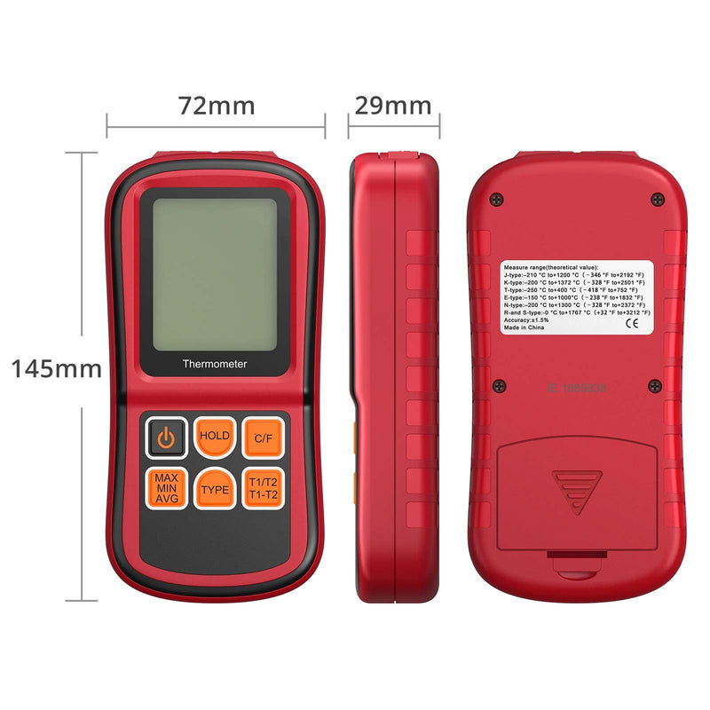Kamtop Digital Thermometer, Dual Channel Thermometer with Two K Type Thermocouple Probes, High Temperature Meter Dual Measurement Meter Sensor Backlight LCD for K/J/T/E/R/S/N Type