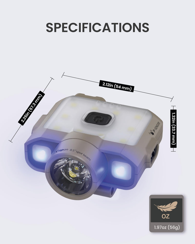 Claymore Capon 120D UV (Tan) - LED Rechargeable Clip-On Cap Headlamp, Lightweight Hat Light for Camping, Running, Hiking, Emergency & Industrial Use, Waterproof, Up to 45 Hours of Battery Life. 120D UV (Tan)