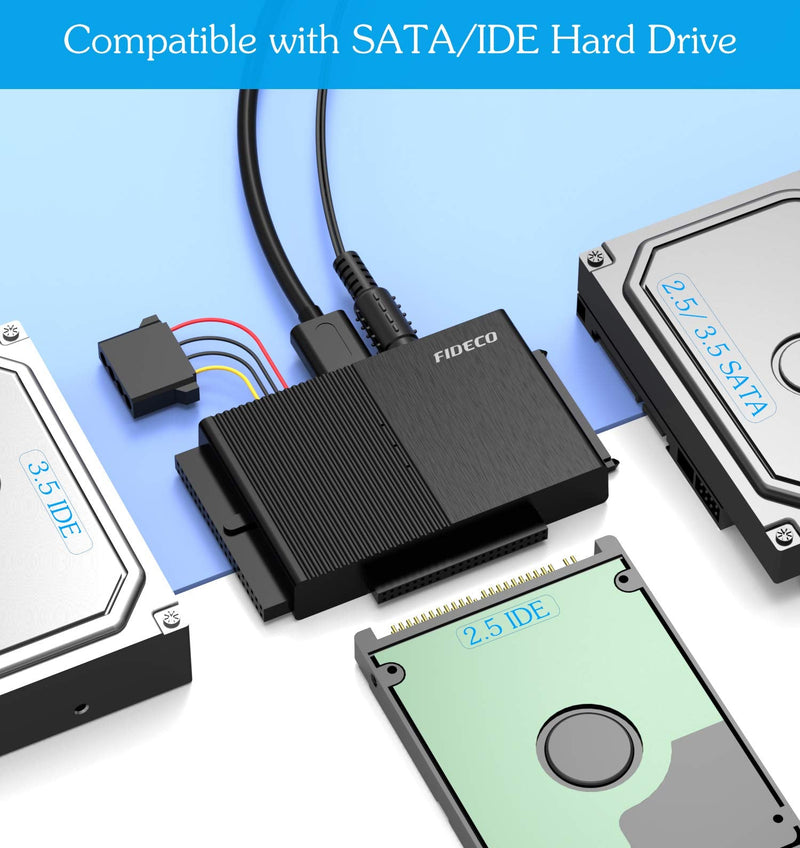 FIDECO USB 3.0 to SATA or IDE Adapter, Hard Drive Adapter Cable Universal for 2.5/3.5 inch SATA HDD/SSD & IDE HDD with 12V/2A Power Adapter