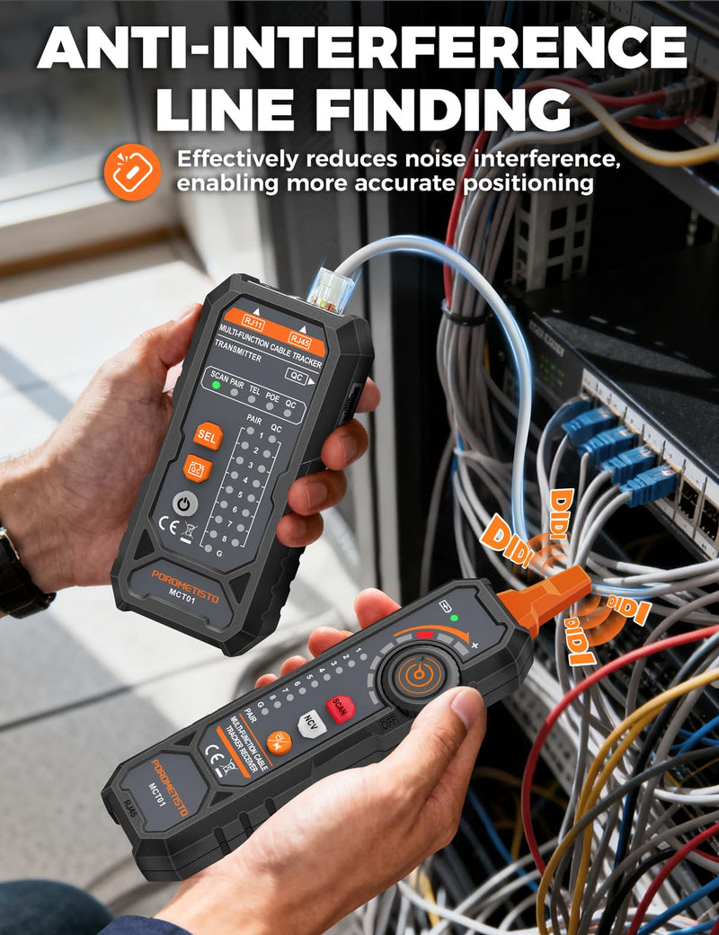MCT01 4-in-1 Network Cable Tester – POROMETISTO Ethernet Tester with PoE, NCV, Tone Tracing & Flashlight, RJ11 RJ45 Wire Tracer for Cat5/Cat6 Continuity, Telephone Line Polarity, Electrician Tool Kit