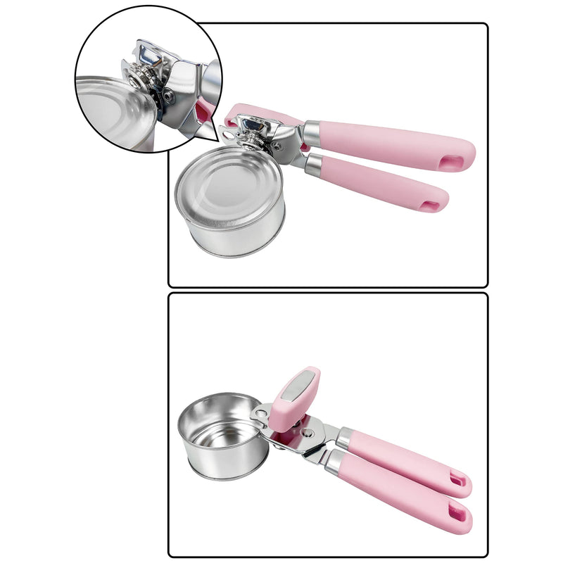 Manual Can Opener, Handheld Tin Opener Cork Screw, Easy Turn Knob, Built in Bottle Opener, Hangs for Convenient Kitchen Storage, Easily Open Tin Cans, 2 Silicone Lid Cover for Can, Pink 7.87 x 2.72 x 2.17 inches