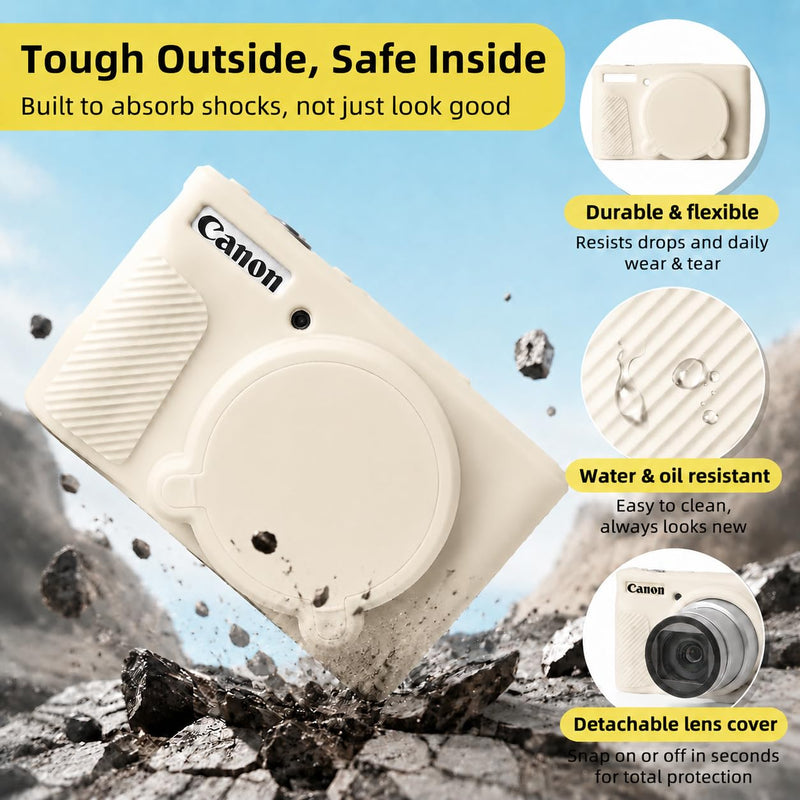 Camera Case for Canon PowerShot SX740 HS/SX730 HS,Soft Silicone Protective Cover with Removable Lens Cap,tempered glass Screen Protector&Wrist Strap,Camera Accessories (Beige) Beige