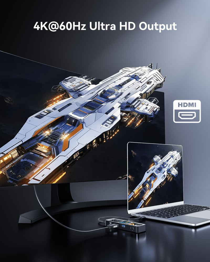 DOCKCASE Explorer Edition Visual Smart USB C Hub (6-in-1) with HDMI Port 4K@60Hz,Gigabit Ethernet,USB-C and 2 USB-A 5Gbps Data Ports, 100w PD Power Delivery, for MacBook Air/Pro, XPS, and More Black