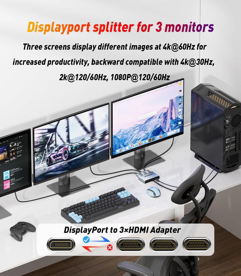 DisplayPort to HDMI Splitter for 3 Monitors Adapter |4K@60Hz| HDMI Splitter Extended Display 1 in 3 Out MST Hub for Multiple Monitor Compatible with PC,NVIDIA/AMD Graphic Card DP to 3×HDMI