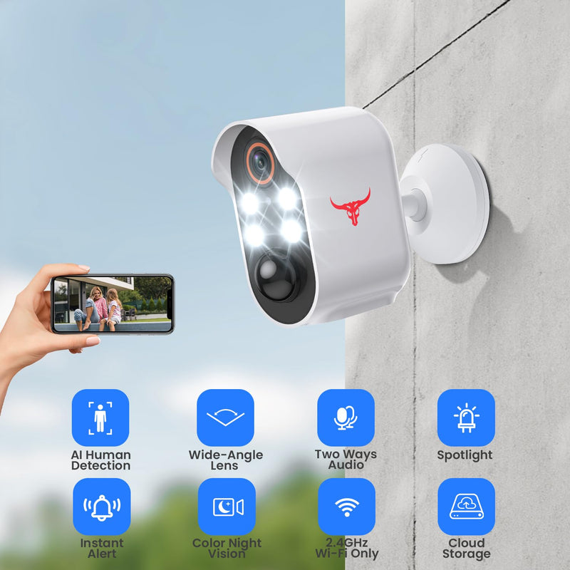 1080p Wireless Security Camera with AI Human Detection, Night Vision, 2-Way Talk, Cloud Storage, Rechargeable Battery Included, Battery Camera for Home Security, 2.4G WiFi 4 Spotlights
