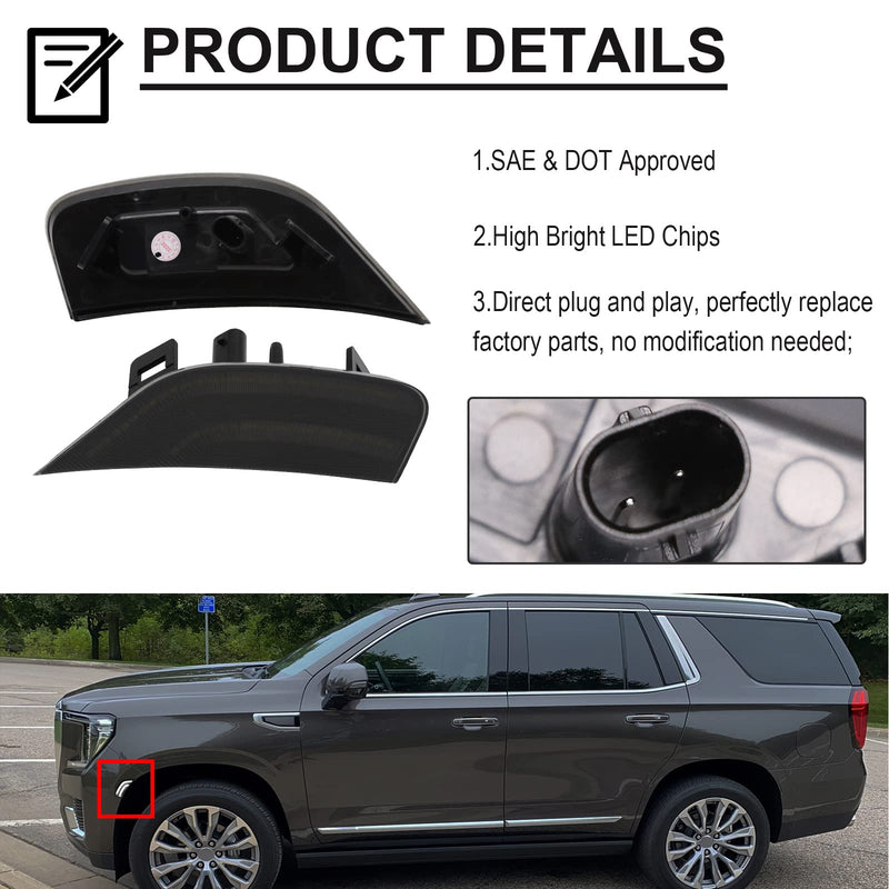 Smoked Lens LED Side Marker Lamp Compatible with 2021-2024 Yukon/Yukon Denali/Yukon XL/Tahoe/Escalade/Suburban/Escalade ESV Driver Passenger Sidemarkers Lamp White Front Turn Singal Lights Smoked Lens+White Light