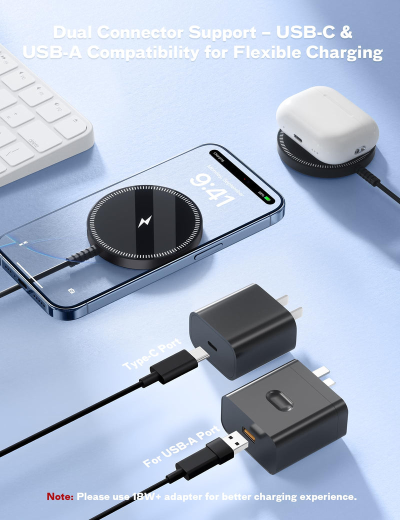 Magnetic Wireless Charger Fast Charge Strong Magnet Charging Pad for iPhone 17/16/15/14/13/12 - Series&AirPods Pro 4-2, Daul Ports, Case-Friendly, Ultra-Slim & Portable for Travel Nightstand Desk