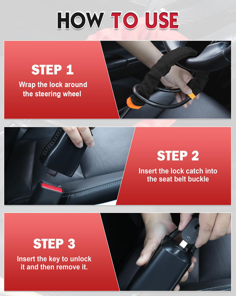 Steering Wheel Lock Anti-Theft Device, Adjustable Car Security Lock with Seat Belt Design, 10 mm Braided Steel Cable, Universal Fit for Cars, SUVs, Trucks, Vans Black