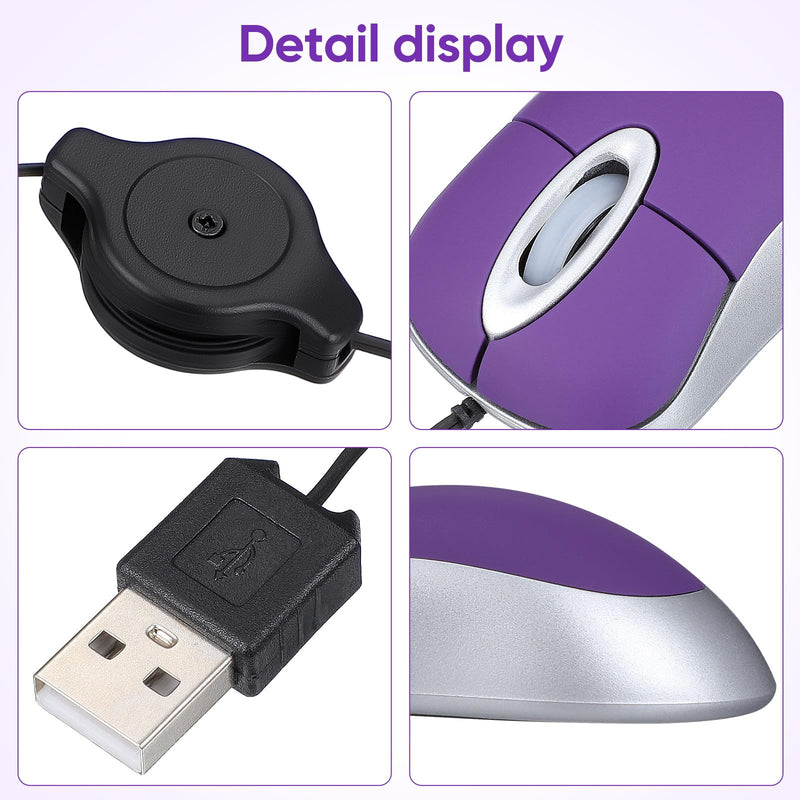 Abaodam Mini USB Mouse with Retractable Cord, Portable Wired Optical Computer Mice for Laptop, Small Travel for Office Business Home School Woman Men Girls Boys Present - Purple