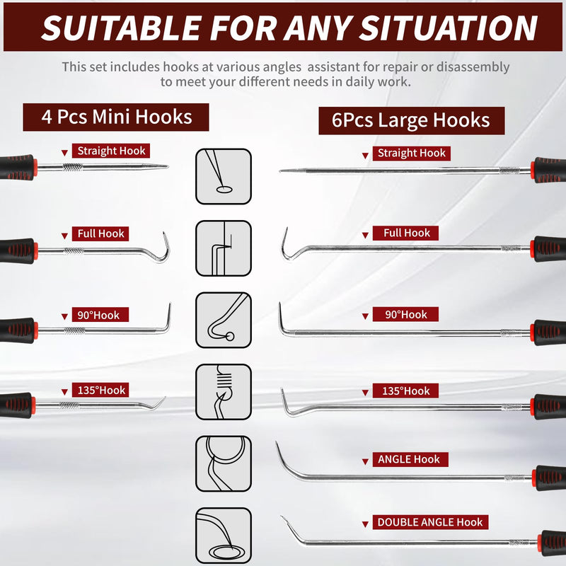 Hook and Pick Set – 10PCS Precision Pick Tools with Non-Slip Grip for Automotive, O-Ring, Seal & Gasket Removal, Mechanical and DIY Use Tool Set, Picks Precision Hooks Puller Remover Tools