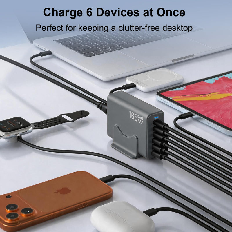 165W Charging Station, 6 Port Desktop Charger, 3 Ports 40W Grey | USB Charger Block, 3 x USB A 15W, 3 x USB C 40W, Compatible with iPhone, Galaxy, MacBook, iPad, Home Office, Travel and More