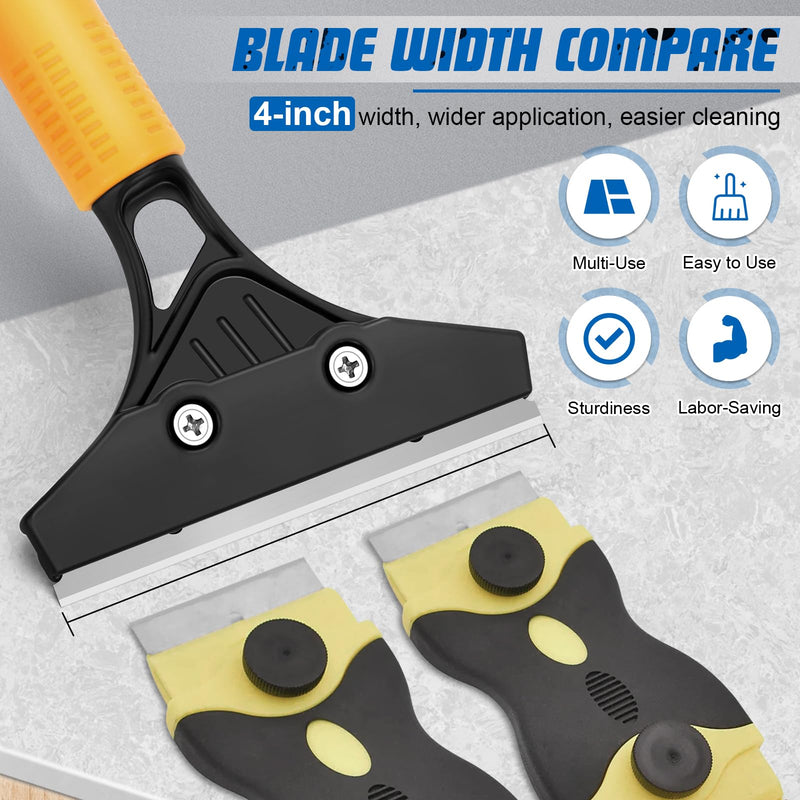 Floor Scraper Heavy Duty with Long Handle, 4 Inch Razor Blade Floor Scraper with 10PCS Extra Metal Blades,Paint Scrapers for Cleaning Wall Glass Tile Floor Paint Gum Stains Stickers Linoleum Yellow