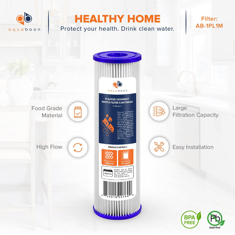 Aquaboon 1 Micron Pleated Water Filter 10 x 2.5 - Whole House Sediment Filter Replacement Cartridge Compatible with WFPFC3002, WHKF-WHPL, 6-Pack