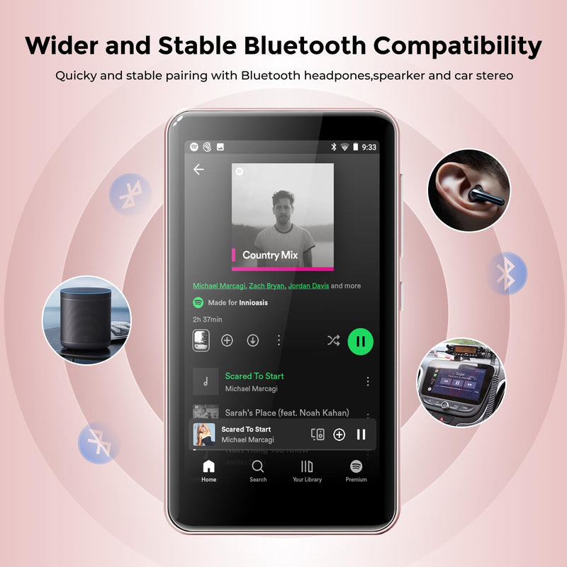 innioasis 16GB MP3 Player with Bluetooth and WiFi, MP3 Player for Kids with Spotify, Spotify Kids, Pandora, Audible, 4.0" Touch Screen Music Player with Parental Controls, Up to 1TB (Pink) Pink