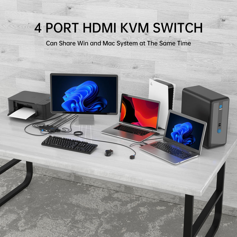 4K 60Hz KVM Switch HDMI 4 Port, USB HDMI KVM Switch 4 Computers 1 Monitor Keyboard Mouse + KVM Cables + 4 USB 2.0
