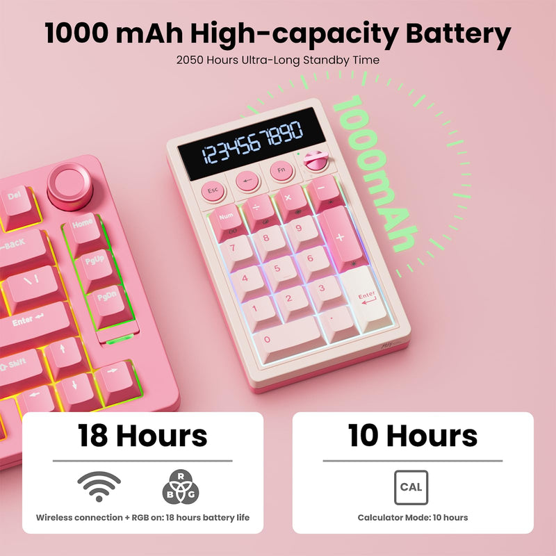 RK ROYAL KLUDGE M20 Wireless Number Pad, Mechanical Numpad with LCD Display, PC Numpad & Calculator Modes, Programmable Numeric Keypad, Bluetooth/2.4G/Wired, RGB Hot-Swappable for Win/Mac Pink Linear Creamy Switch