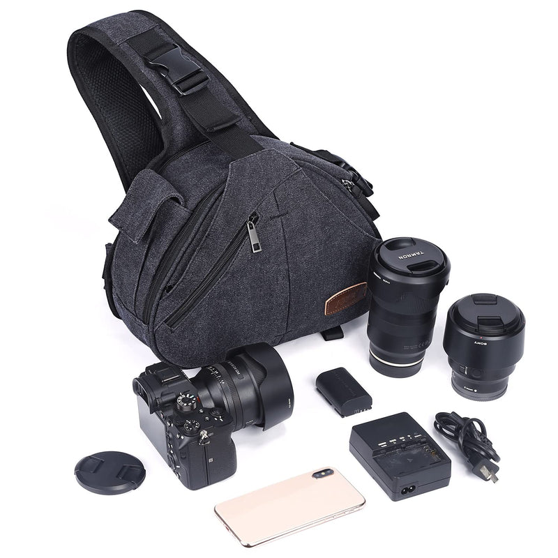 S-ZONE Canvas Camera Sling Bag Backpack Crossbody Case with Tripod Holder Dark Gray