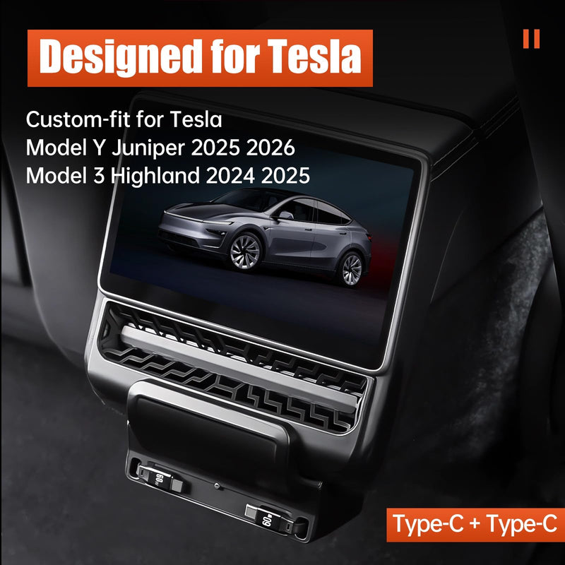 USB Hub for Tesla Model Y Juniper 2025 2026 Model 3 Highland 2024 2025, 120W Dual Type-C Rear Vent Air Outlet Expansion Cover Fast Charger Center Console Docking Station with Retractable Cable
