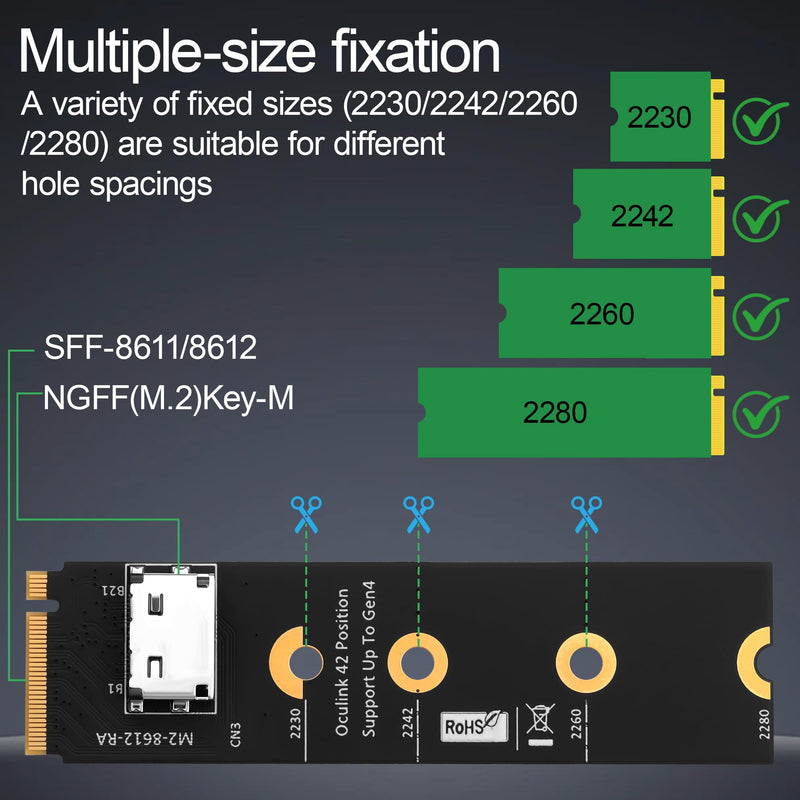 M.2 NVMe M-Key to OCuLink SFF-8611/SFF-8612 PCIe 4.0 x4 Adapter, Vertical 2280 NGFF SlimSAS Converter, Gen4 Expansion Card for Mini ITX, NUC, Desktop PC, Server U.2 NVMe SSD (Model C)