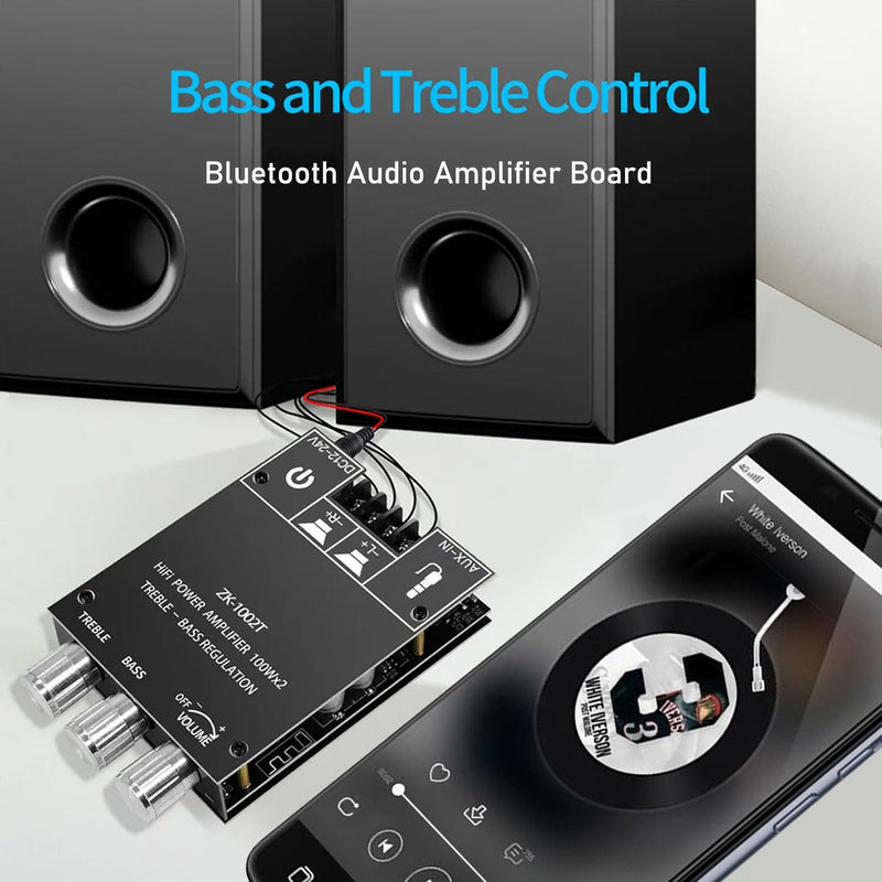 ZK-1002T Bluetooth Audio Amplifier Board,100W×2Power Amplifier,DC12-24V Bluetooth Audio Power Amplifier Board, Board with Treble and Bass Control,Supports AUX/Bluetooth ZK-1002T