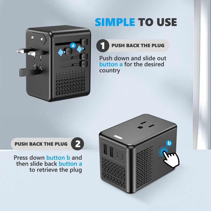 220V to 110V Voltage Converter US to Europe for Hair Dryer with Fast Charging 2 USB A 2 USB C, Power Converter Adapter Combo International Adapter A C G I (Black) Black