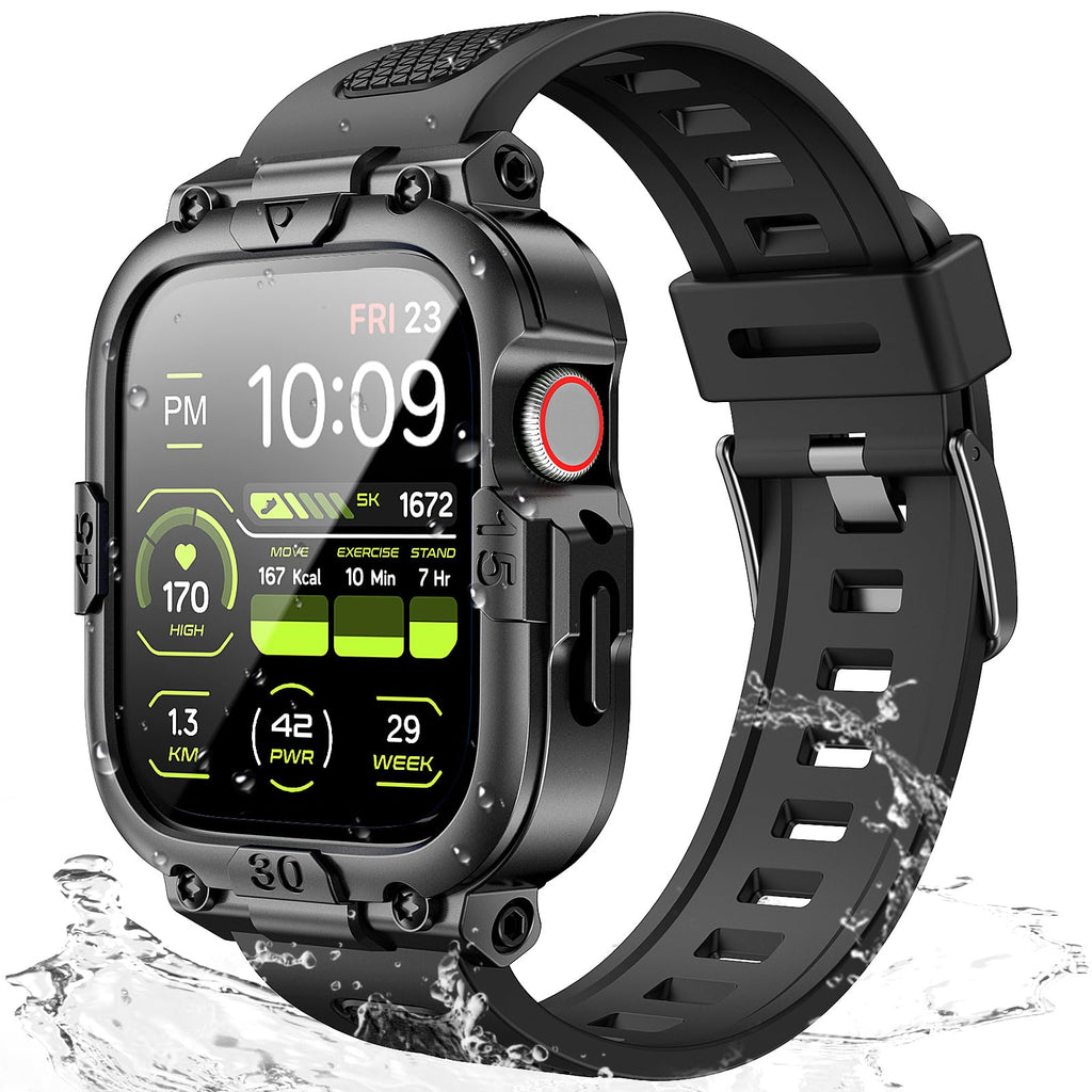 Dsytom Waterproof Case with Band Compatible for Apple Watch Band 45mm 44mm 41mm 40mm for Men ,Rugged Shockproof Smartwatch Strap Protective Bumper Cover with Built-in Tempered Glass Screen Protector Black