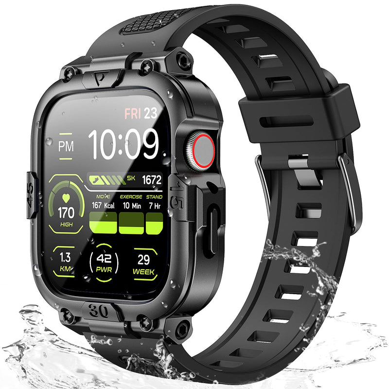 Dsytom Waterproof Case with Band Compatible for Apple Watch Band 45mm 44mm 41mm 40mm for Men ,Rugged Shockproof Smartwatch Strap Protective Bumper Cover with Built-in Tempered Glass Screen Protector Black