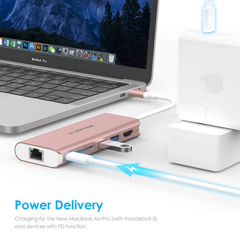 LENTION USB C Hub with 4K HDMI, SD Card Reader, 2 USB 3.0, Type C Charging & Ethernet Compatible 2023-2016 MacBook Pro, New Mac Air/Surface/Steam Deck, More, Stable Driver Adapter (CB-C68, Rose Gold)