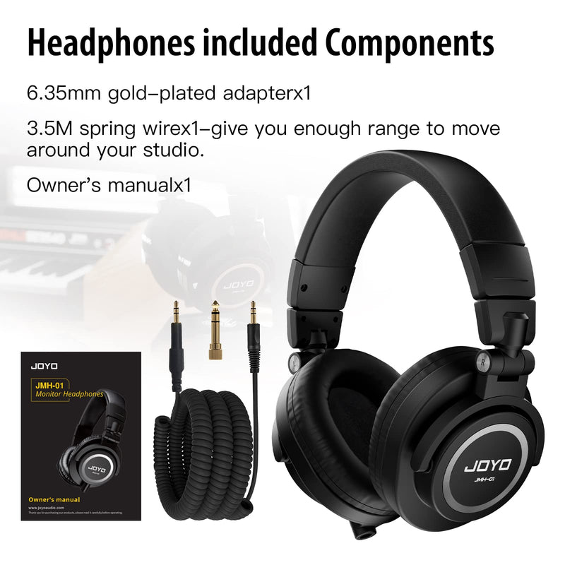JOYO Studio Monitor Headphones Wired Audio Recording Monitor Headset Over Ear Headphones for Mixer Amplifier Podcast Keyboard Piano Deep Bass 3M Cable (JMH-01) Over-Ear Studio Monitor Black