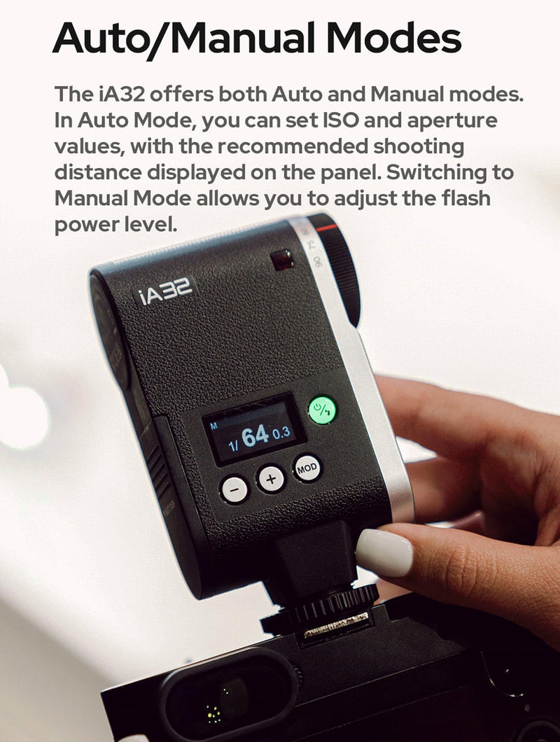 Godox iA32 Retro Camera Flash for Sony ZV-1, ZV-E10 Canon Nikon Cameras | 8 Power Levels(1/128-1/1), 2.5s Recycle, 490 Times Flash, GN15 Guide Number